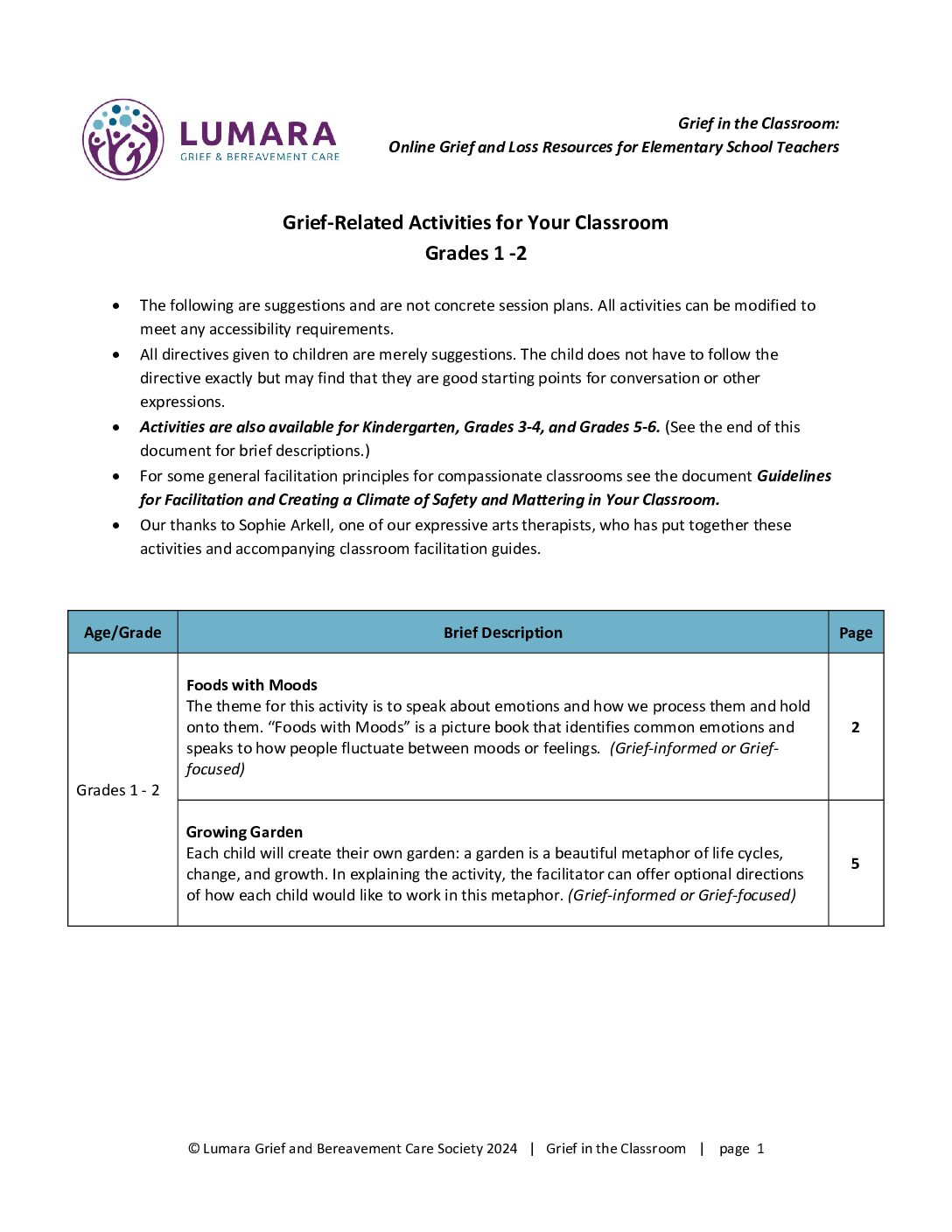 Grief Based Classroom Activities _Grades 1 and 2