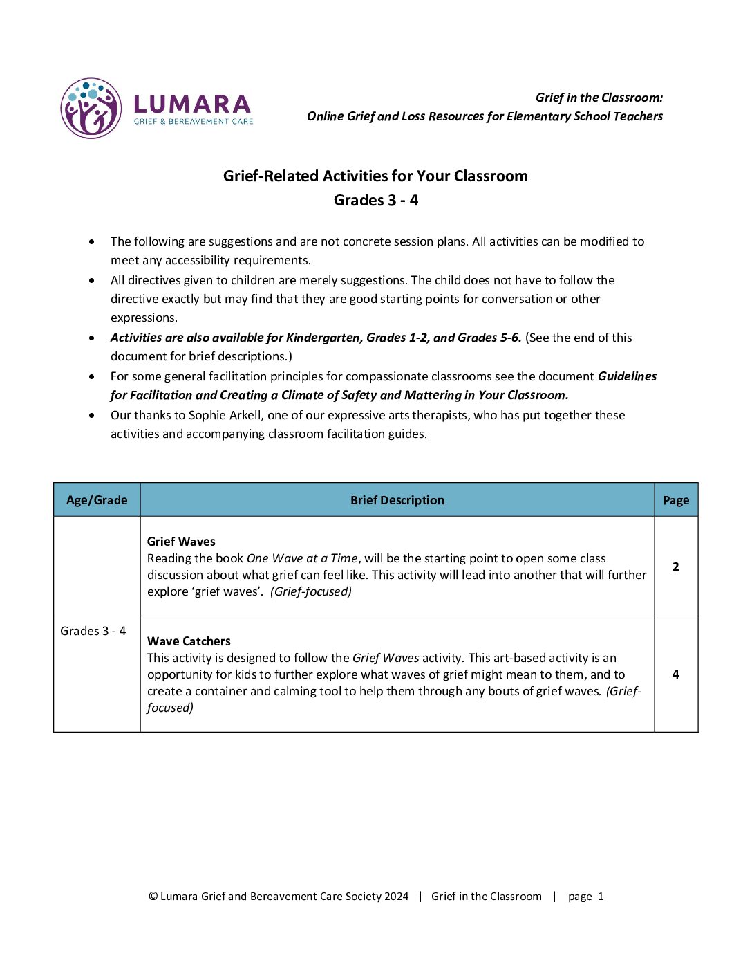Grief Based Classroom Activities_Grades 3 and 4