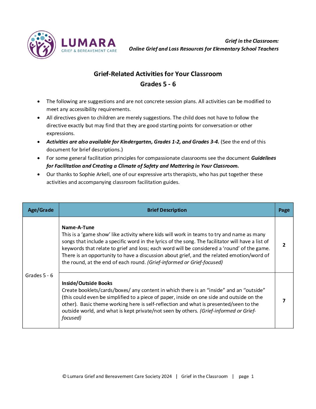 Grief Based Classroom Activities_Grades 5 and 6