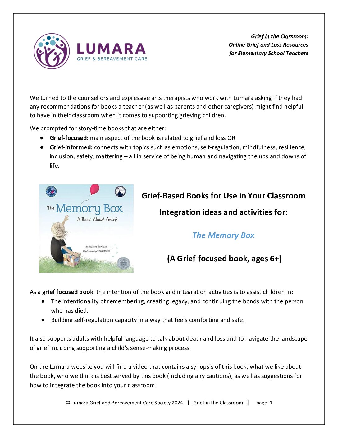 Integration Activities for The Memory Box