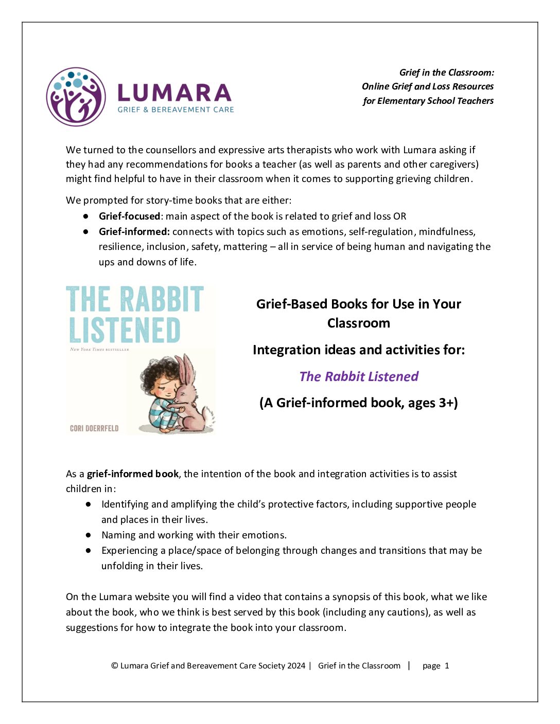 Integration Activities for The Rabbit Listened