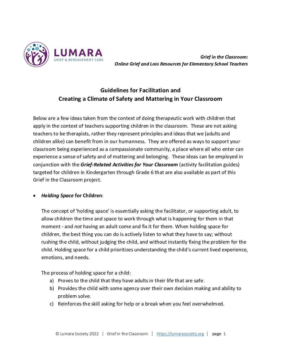 Lumara Grief & Bereavement Care Society Guidelines for Facilitation & Creating a Climate of Safety and Mattering if Your Classroom